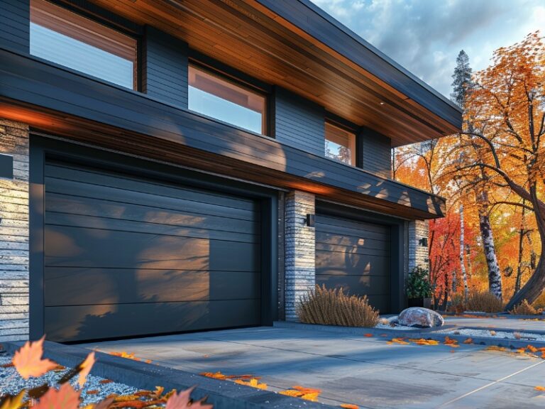 A modern house with two black garage doors, surrounded by autumn foliage and illuminated by natural light.