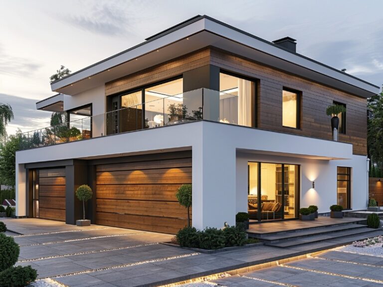 "Modern two-story house with a sleek design, featuring wooden garage doors, large windows, and a well-lit stone driveway with neatly trimmed bushes."