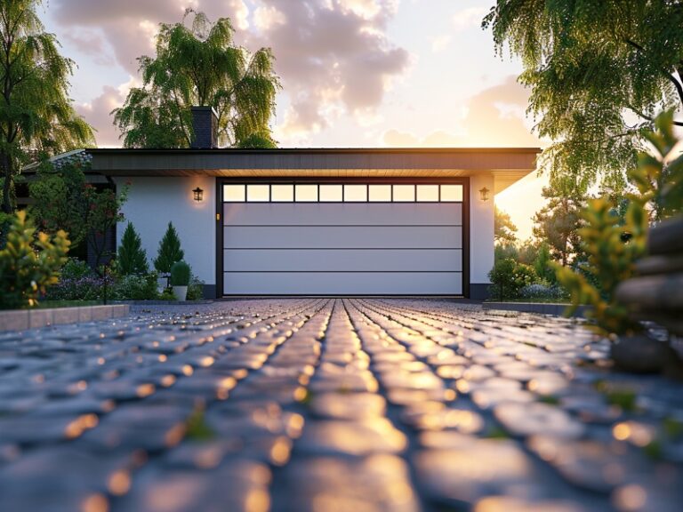 A modern house with a white garage door, seen from a cobblestone driveway at sunset, surrounded by lush greenery.