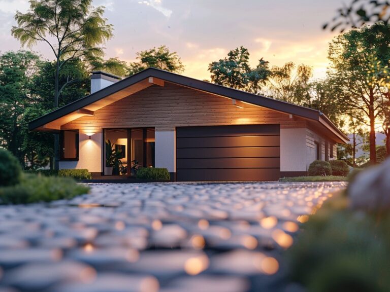 A cozy single-story home with a modern garage at sunset.