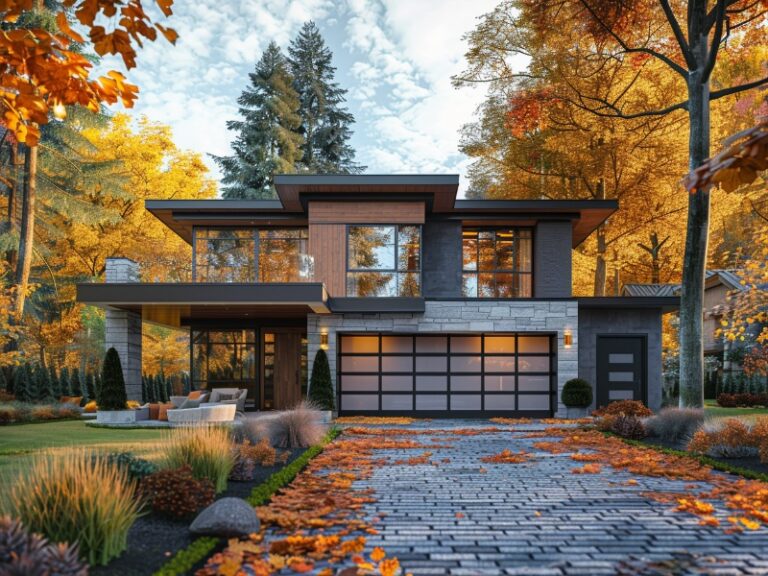 A modern two-story home with large windows, an elegant garage door, and an autumnal landscape featuring colorful leaves on a stone driveway.