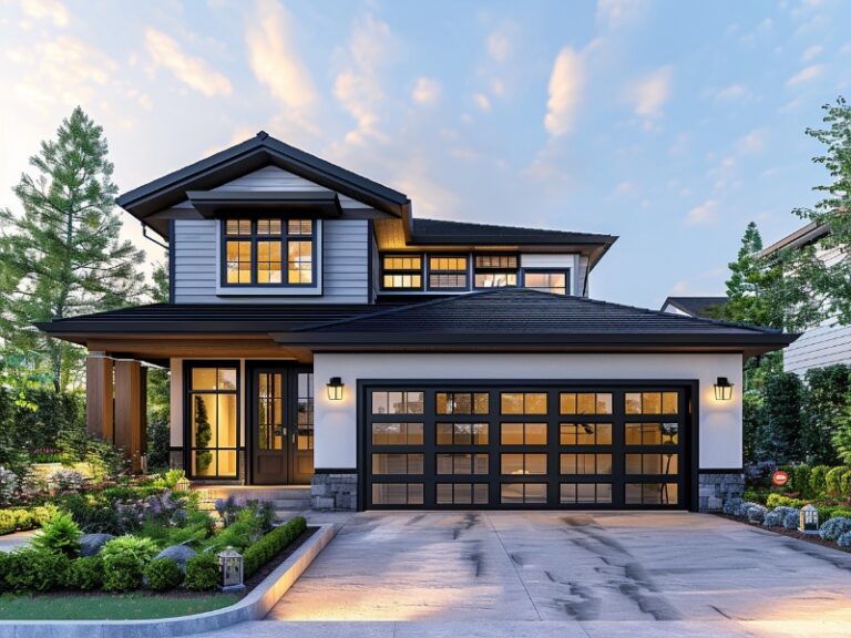 A modern two-story home with a sleek design, featuring large glass-paneled garage doors, a well-maintained front yard, and warm interior lighting that complements the exterior in the soft evening light.