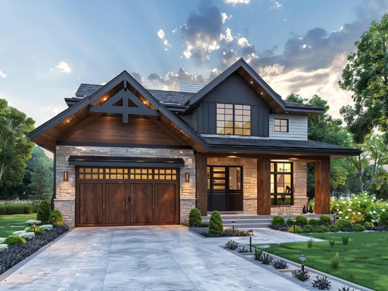 A modern house with a wooden garage door, beautifully landscaped yard, and a stone driveway under a partly cloudy sky.