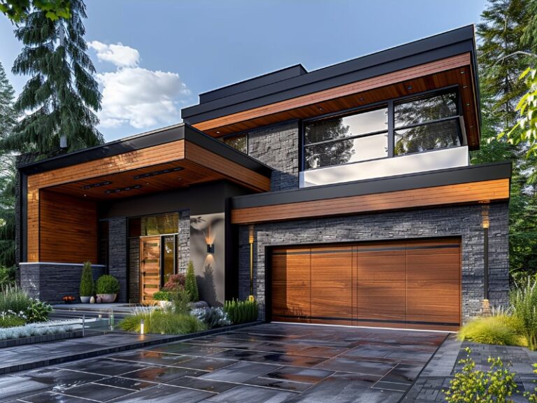 "Modern house with wooden accents, a wooden garage door, and large windows, surrounded by lush landscaping."