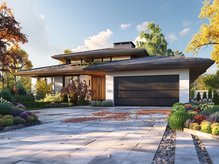 A modern house with a dark garage door and a neatly landscaped driveway.