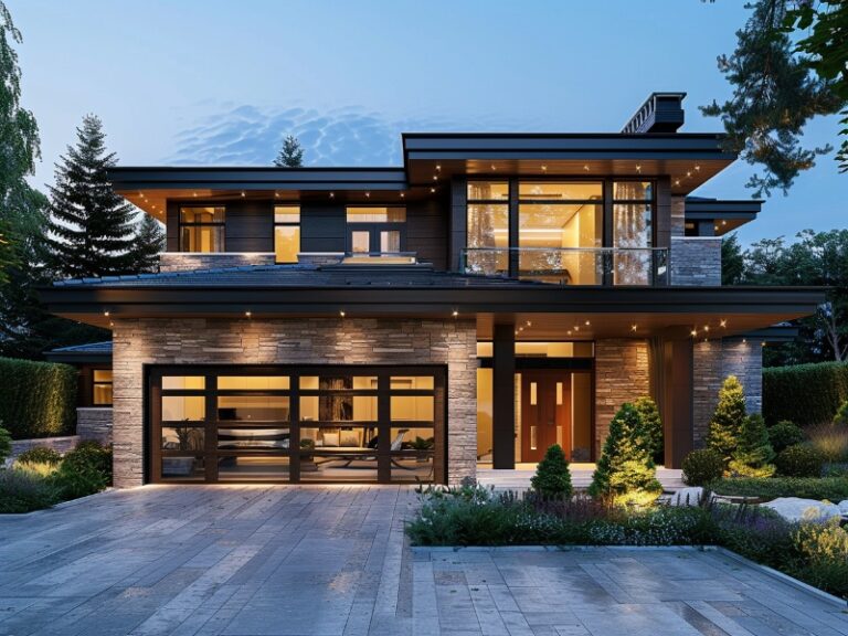 A contemporary two-story home with a mix of stone and glass elements, featuring a stylish glass-paneled garage door, a well-manicured lawn, and illuminated in the evening light.