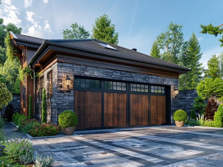 A stylish garage with wooden doors and brick siding, surrounded by lush greenery and a well-maintained stone driveway.