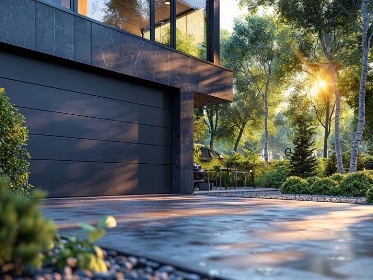 A modern house with a sleek garage door, surrounded by greenery and illuminated by sunlight.