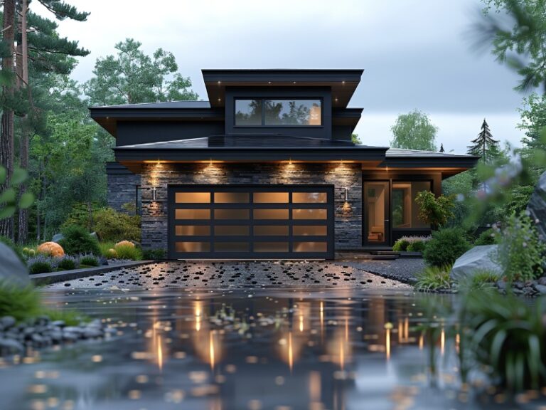 A modern single-story home with a dark exterior and large glass-paneled garage door, surrounded by lush greenery, with reflections from a wet driveway in the evening light.