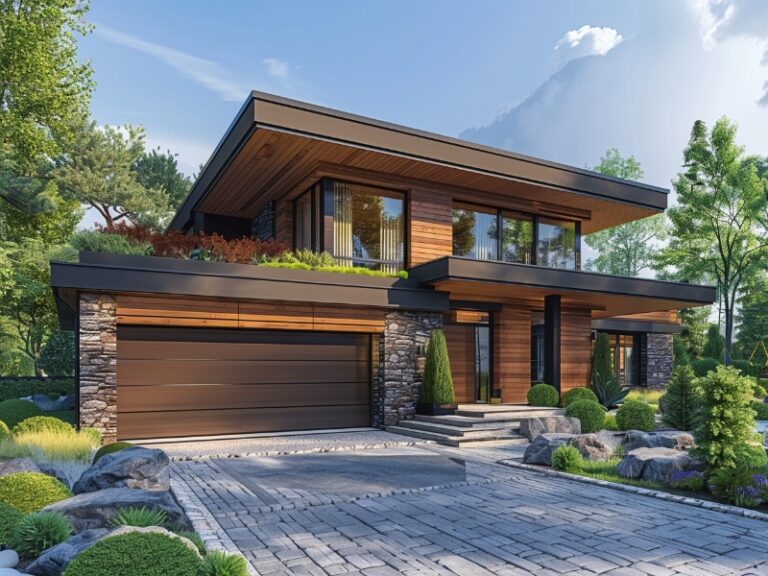"Contemporary two-story house with a wooden garage door and stone accents, surrounded by lush landscaping."