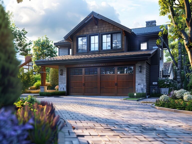 A charming two-story home with a gabled roof, featuring wooden garage doors and a beautifully paved driveway, surrounded by lush greenery and vibrant flowers.