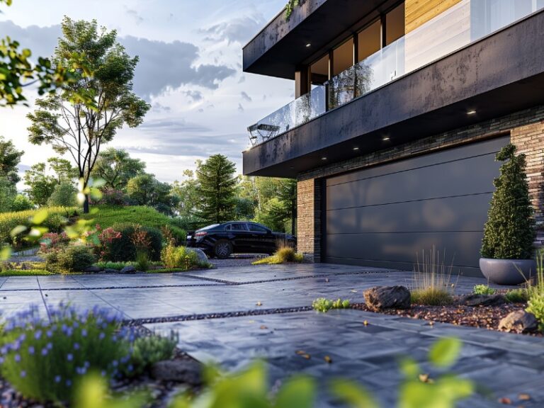 A black car parked in the driveway of a modern house with a sleek garage door, surrounded by greenery.