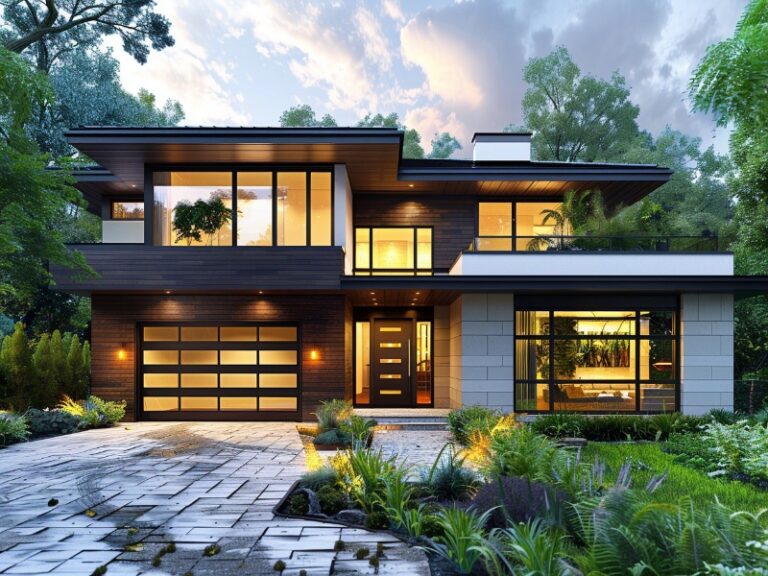 "Contemporary two-story home with large windows, a glass-paneled garage door, and a beautifully landscaped stone pathway."