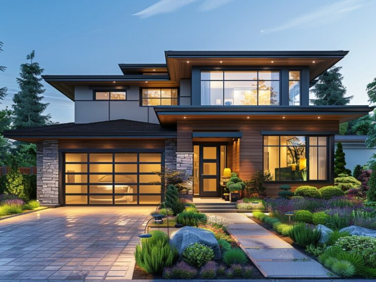 Elegant glass panel garage door enhancing a home's contemporary exterior.