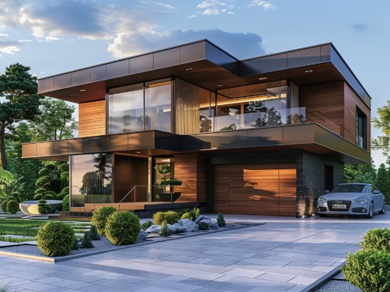 A modern two-story home with a striking design featuring wood and glass elements, a sleek garage door, a well-manicured lawn, and a spacious driveway in bright, natural daylight.