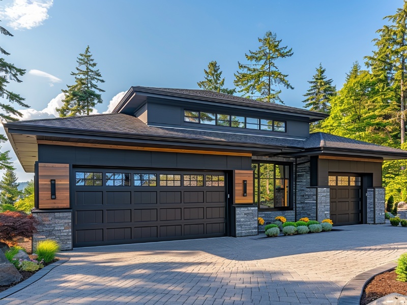 Modern Raynor Garage Doors on a contemporary home. Comes with an extensive user manual.