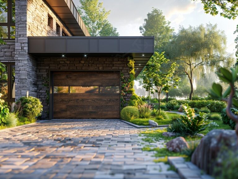 "Modern stone house with a wooden garage door, surrounded by lush greenery and a stone pathway."