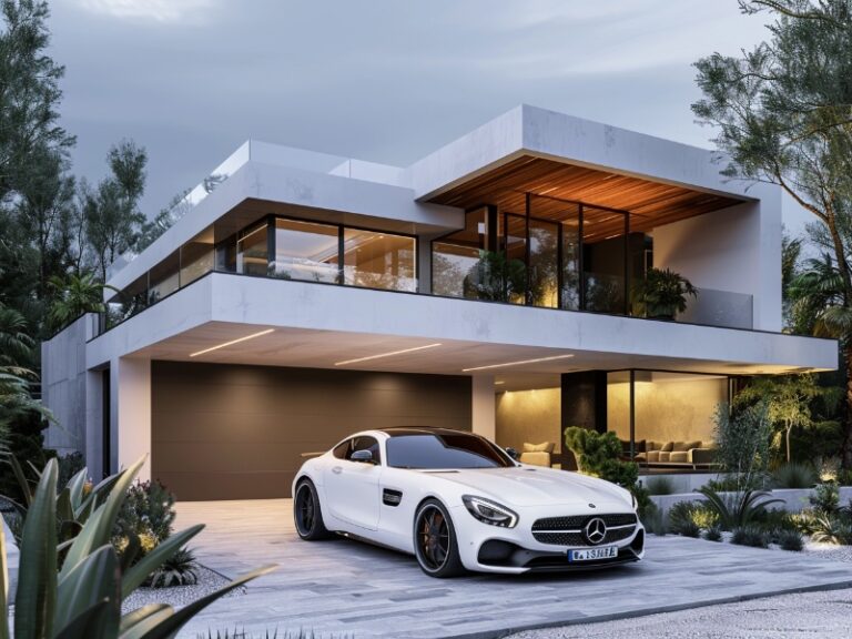 "Modern two-story house with a sleek garage door and a white luxury car parked in the driveway."