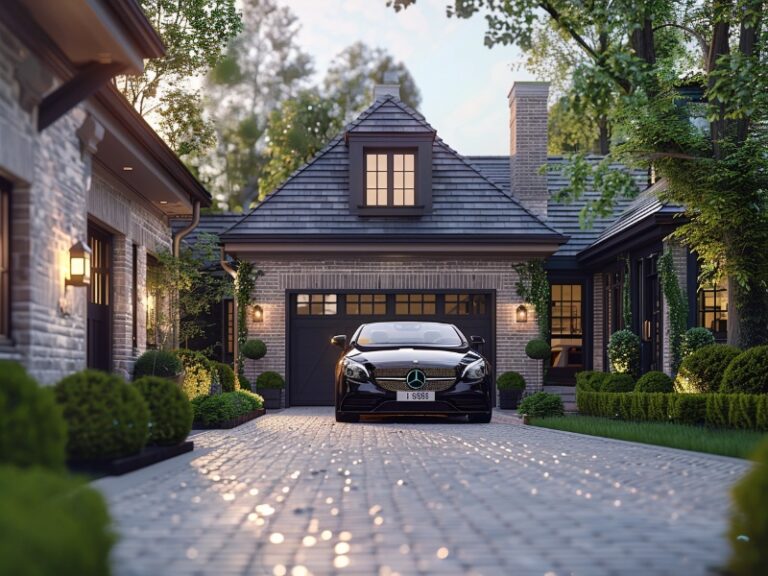 A luxury car parked in front of a charming stone house with a single garage door, surrounded by well-manicured greenery and illuminated by warm outdoor lighting.