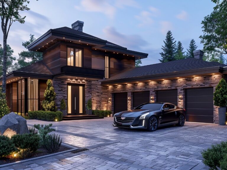 A black car parked in the driveway of a modern house with multiple garage doors.
