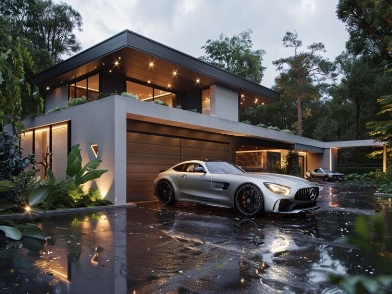 A modern house with large windows and a wooden garage door, featuring a sleek sports car parked in front on a wet driveway.