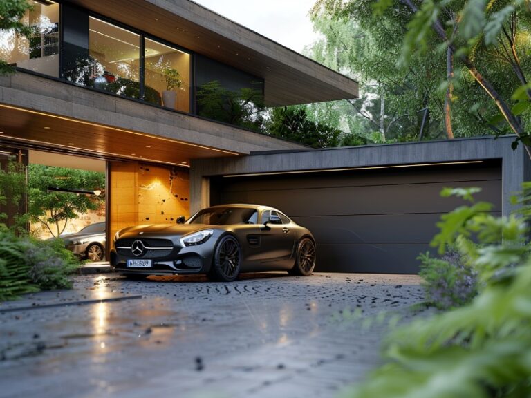 A black car parked in the driveway of a modern house with a sleek garage door, surrounded by lush greenery.