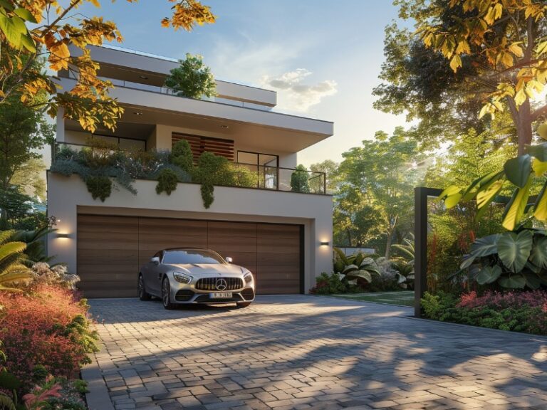 "Modern two-story house with a wooden garage door, lush greenery, and a silver car parked in the driveway."