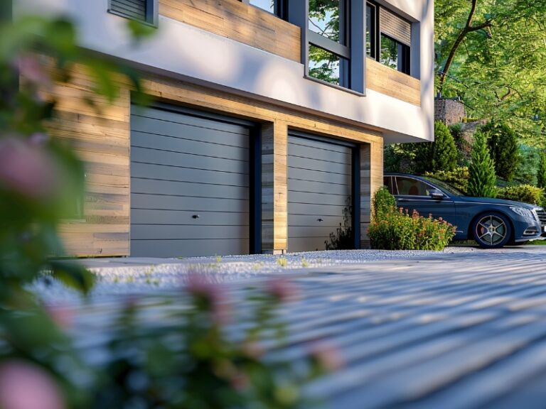 A modern house with two gray garage doors and a car parked beside the driveway.