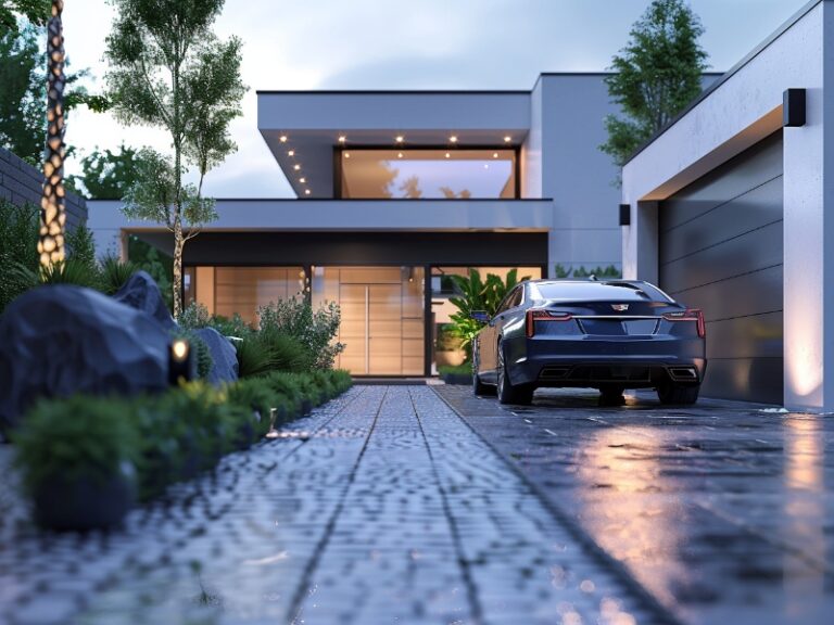 Modern house with large windows, a sleek driveway, and a black car parked in front of a gray garage. Surrounded by well-maintained greenery.