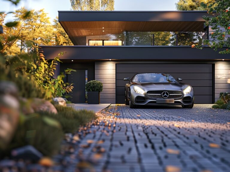 "Modern house with a sleek black garage door and a luxury car parked in the driveway, surrounded by greenery."