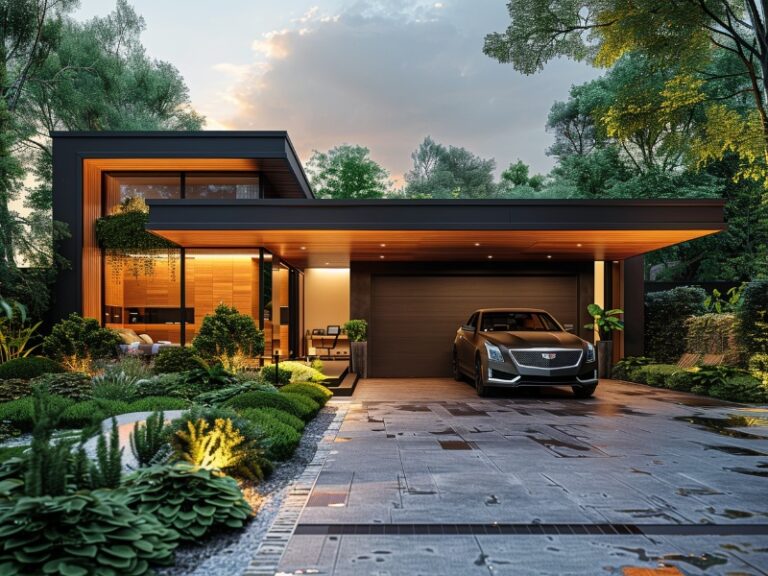 A contemporary house with a sleek design, featuring a car parked in front of a modern garage door and surrounded by lush landscaping.