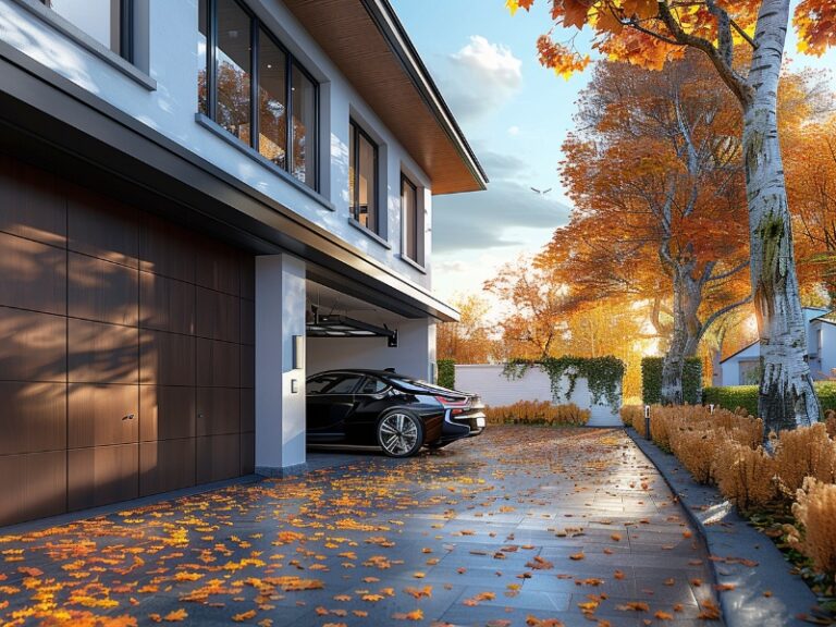 "Modern home with wooden garage doors, featuring a sleek car parked in the driveway, surrounded by autumn foliage and a bright sunny day."