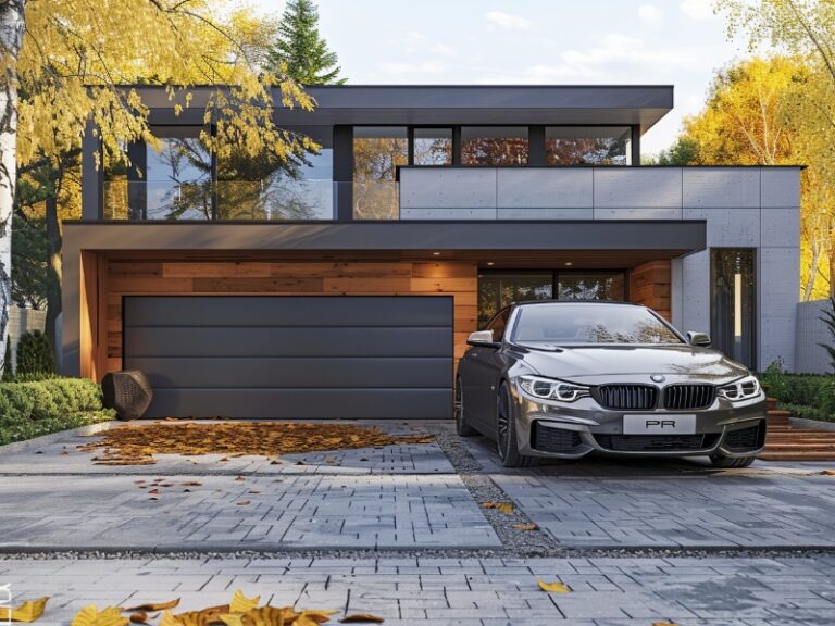 Black garage door on a modern home, all issues quickly fixed by the homeowner.