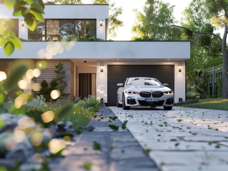 Contemporary garage doors on a stylish modern home with a sleek car parked in the driveway, surrounded by lush greenery and a stone pathway.