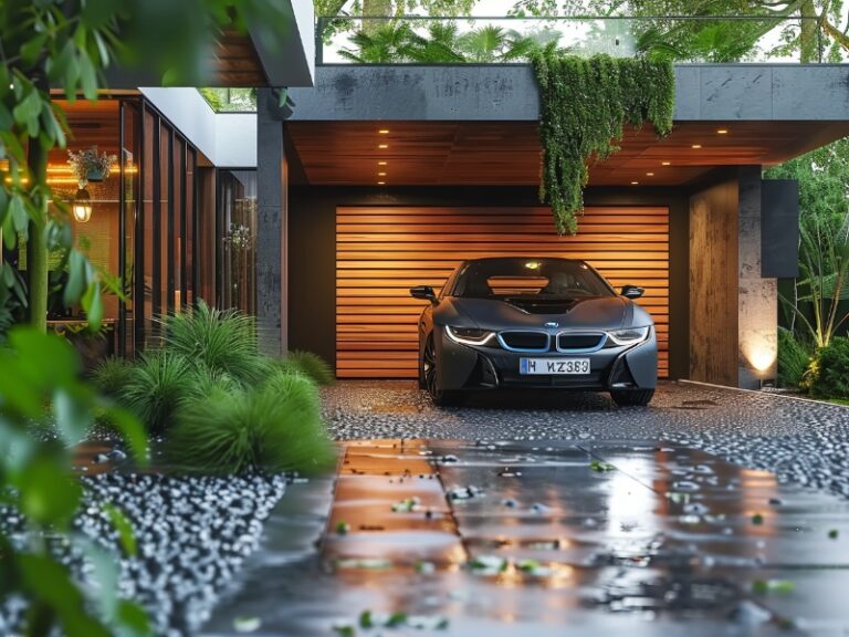 A modern house with a wooden garage door, featuring a sleek car parked in the driveway, surrounded by lush greenery and wet cobblestone.