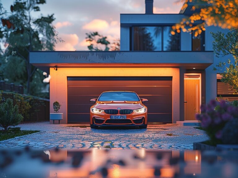 A modern house with a sleek garage door and minimalist design, featuring a luxury car parked in front, highlighted by warm exterior lighting and a cobblestone driveway.