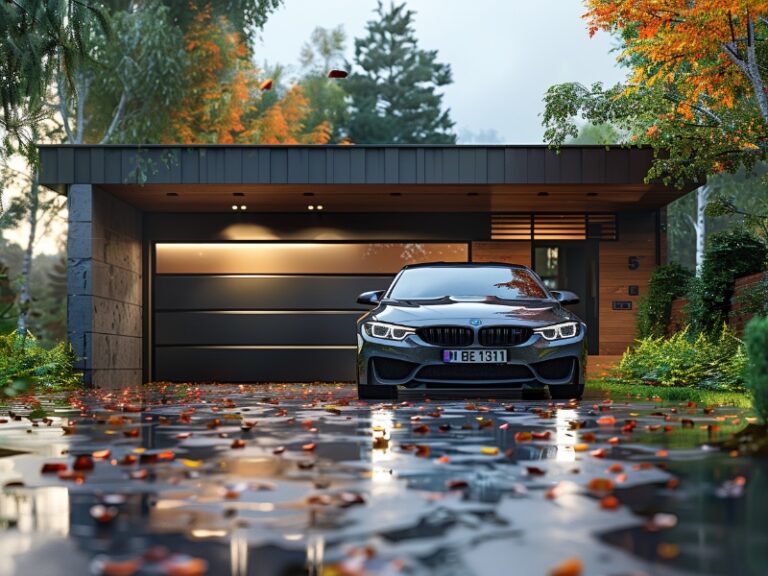 A sleek car parked in front of a modern garage with dark, minimalist doors and autumn leaves scattered on the wet driveway.