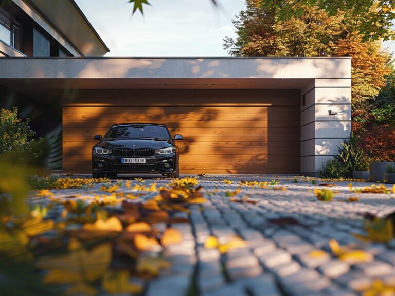"Modern home with a sleek wooden garage door, a black car parked in front, and a cobblestone driveway lined with autumn leaves."