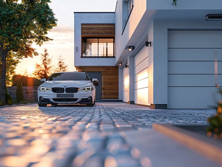 Sleek garage doors of a modern home with a cobblestone driveway and a luxury car parked outside, highlighted by warm evening lighting.