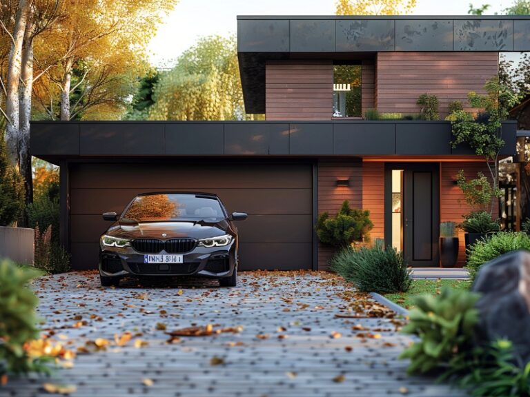 Modern home with a dark garage door and a black car in the driveway.