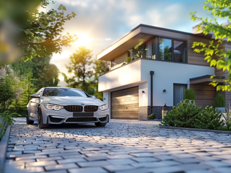 Sleek modern house with large windows and a minimalist design, featuring a stylish garage door and a white BMW parked on the cobblestone driveway, surrounded by lush greenery and bathed in warm sunlight.