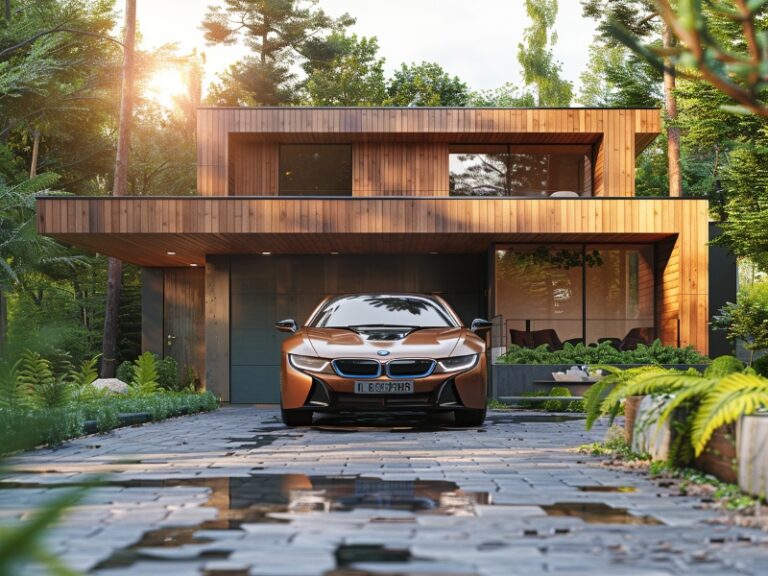 A modern house with a wooden facade, featuring a sleek car parked in the driveway, surrounded by lush greenery and bathed in sunlight.