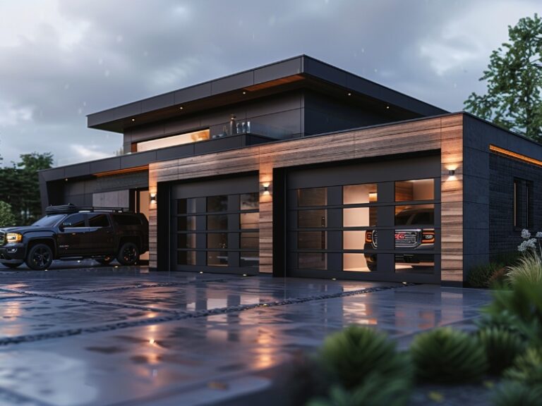 A modern house with large, glass-paneled garage doors, featuring a truck parked in front on a wet driveway, illuminated by exterior lighting.