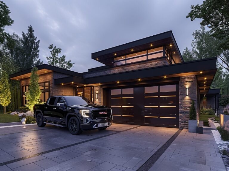 A modern house with sleek dark garage doors and a black GMC truck parked in the driveway, illuminated by contemporary lighting.