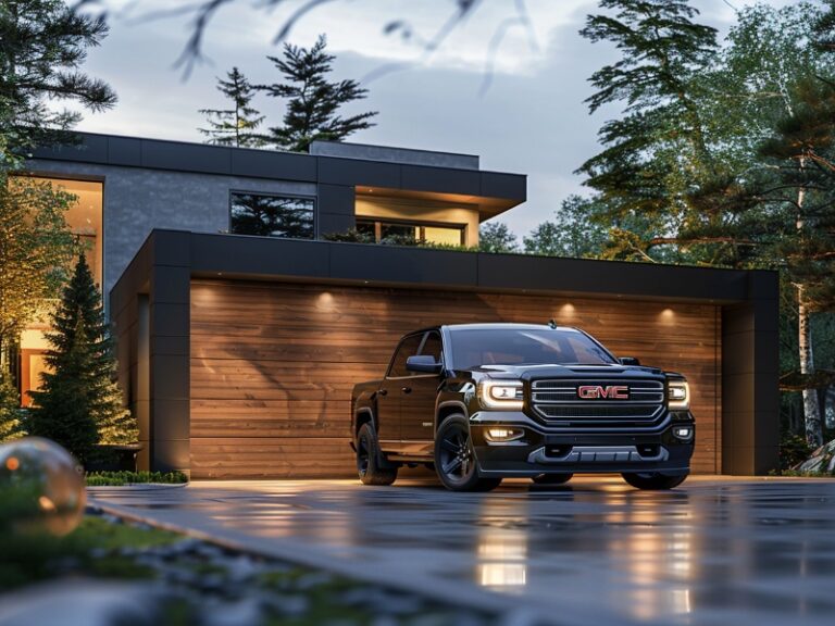 "Modern house with a wooden garage door and a GMC pickup truck parked in the driveway."