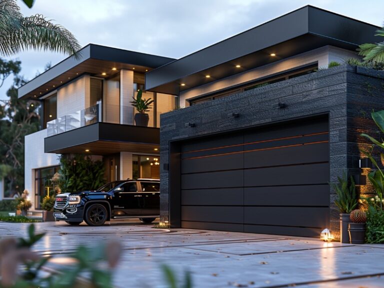 "Modern two-story house with sleek dark garage doors and a luxury SUV parked in the driveway."