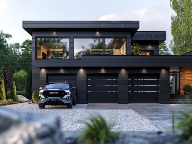 Modern black two-story house with large windows and a sleek black GMC truck parked in front of double garage doors, surrounded by greenery.