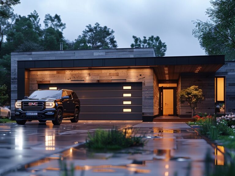 A black truck parked in the driveway of a modern house with a sleek, illuminated garage door.