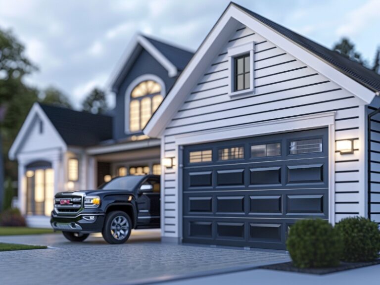 A simple garage door with a recently changed Raynor garage door code.