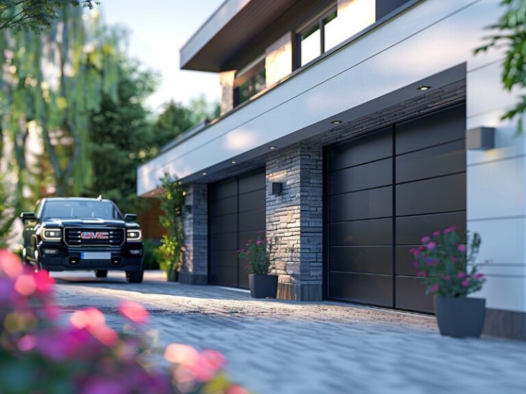 Close-up of a modern house with a sleek white and stone exterior, featuring double black garage doors, a black GMC truck parked in the driveway, and vibrant flowers and greenery in the foreground.